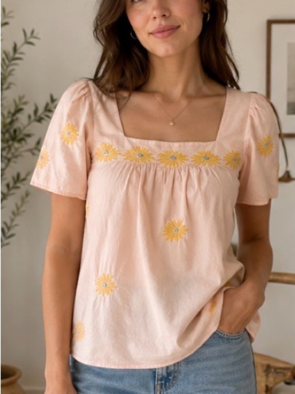 Madewell cotton pink yellow flower Square Neck Embroidered Daisy summer Top S